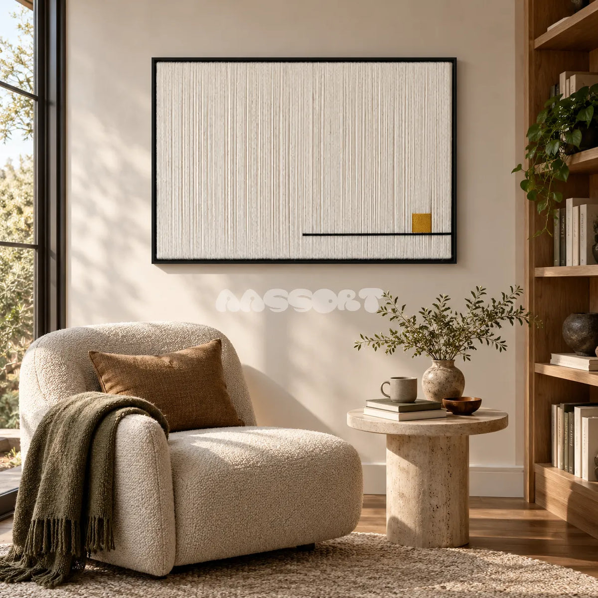 View of Last Note framed textile wall art, featuring ivory vertical cotton cord strands with a thin black line and a small golden ochre accent.