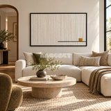 View of Last Note framed textile wall art, featuring ivory vertical cotton cord strands with a thin black line and a small golden ochre accent.