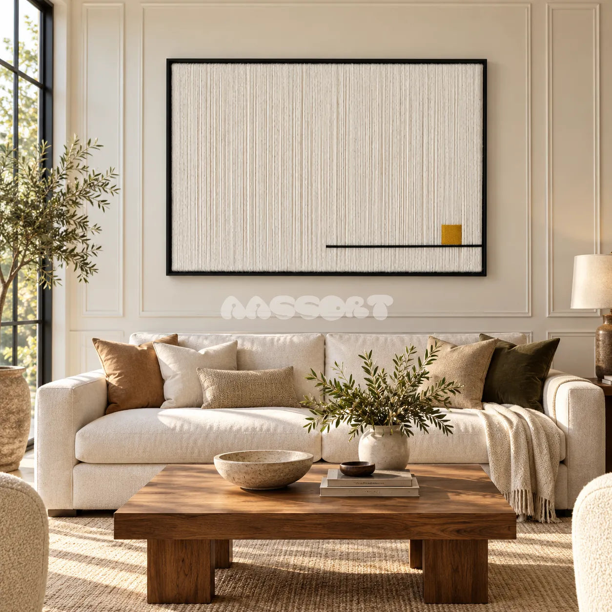 View of Last Note framed textile wall art, featuring ivory vertical cotton cord strands with a thin black line and a small golden ochre accent.