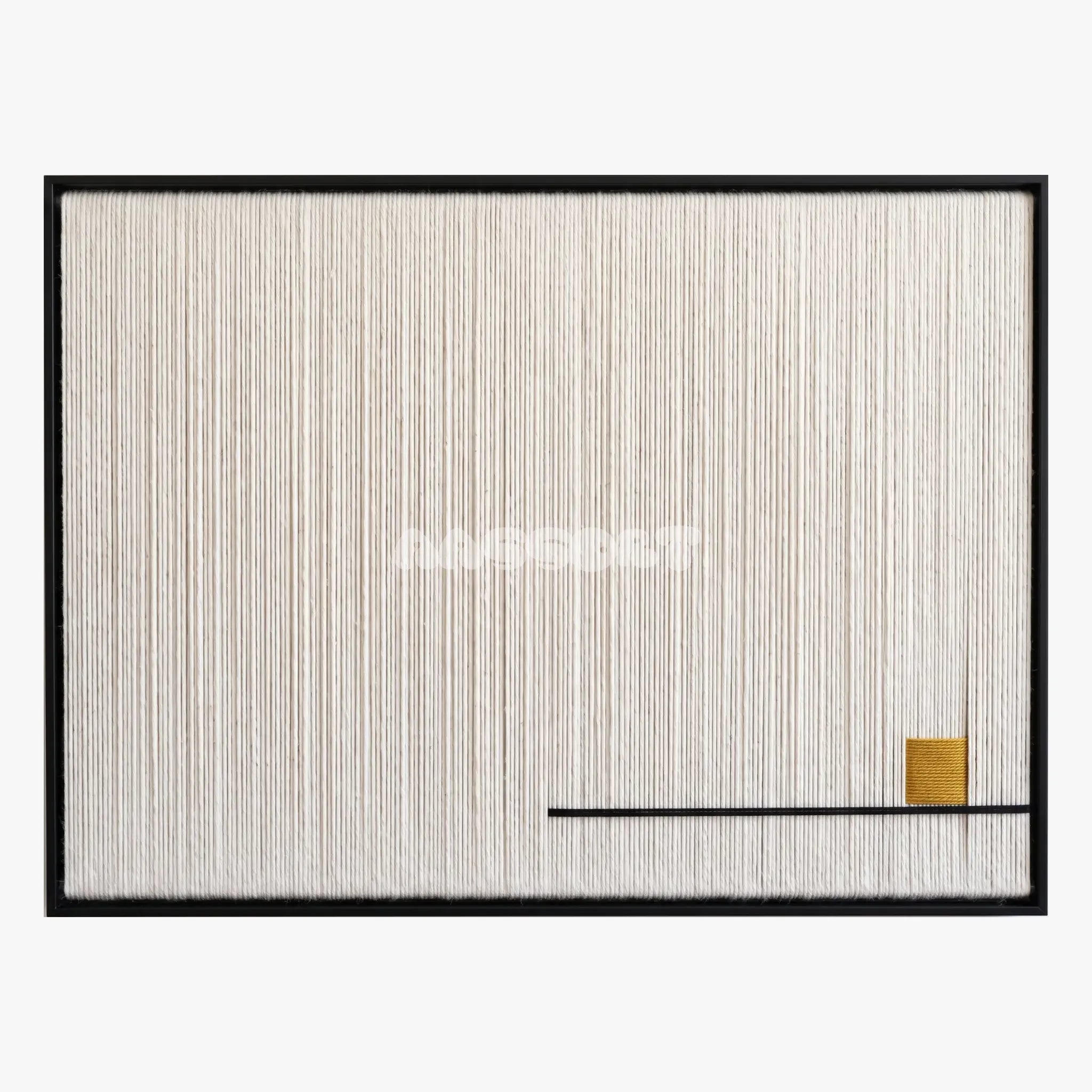 Last Note framed textile wall art, featuring ivory vertical cotton cord strands with a thin black line and a small golden ochre accent.
