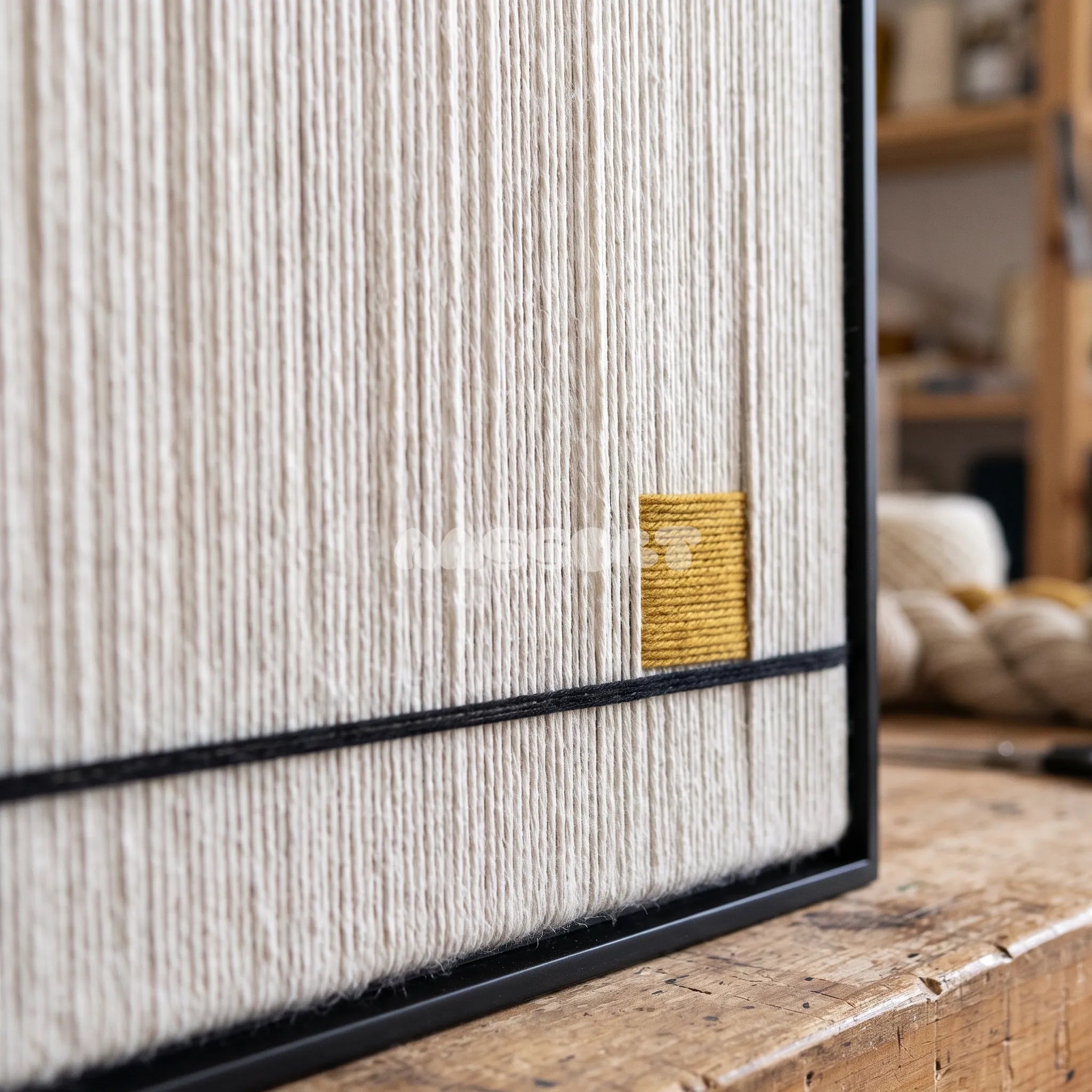 Detail of Last Note framed textile wall art, featuring ivory vertical cotton cord strands with a thin black line and a small golden ochre accent.