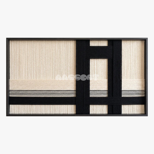 Still Portal, framed textile wall art with bold black bands forming a doorway-like shape on cream.