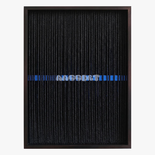 Midline, framed textile wall art with black vertical fibers interrupted by a narrow blue band.