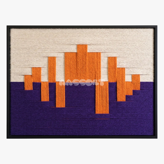 Amber Shore, framed textile wall art with orange stepped shapes across cream and purple fields.