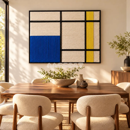 Asymmetric Order textile wall art displayed in a dining room above the table area.