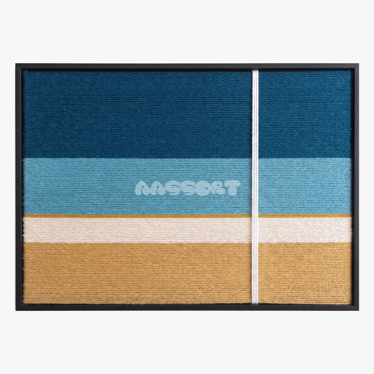 Clear Tide, framed textile wall art with blue, cream and ochre horizontal bands crossed by a white line.