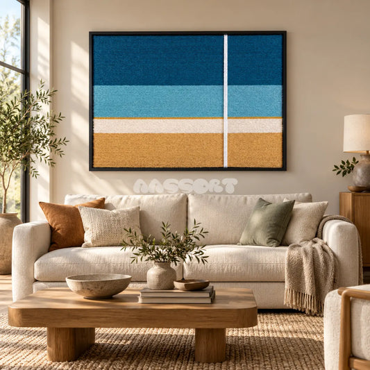 Clear Tide textile wall art displayed above a neutral sofa in a living room.
