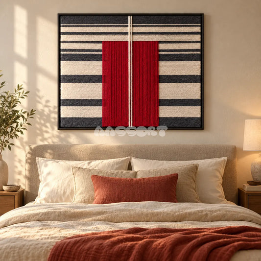 The Other textile wall art displayed above a bed in a sunlit bedroom.