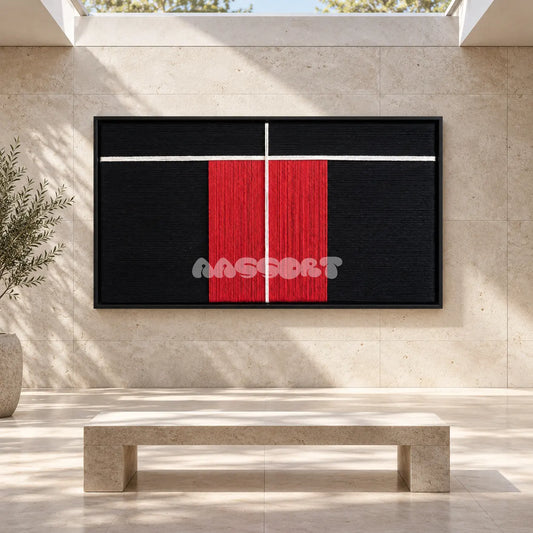 The Divide textile wall art displayed above a bench beneath a skylight.