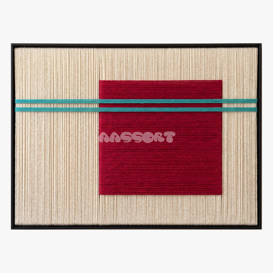 Bound Self, framed textile wall art with a burgundy block crossed by turquoise lines on cream.