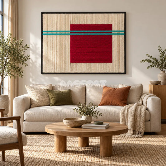 Bound Self textile wall art displayed above a neutral sofa in a living room.