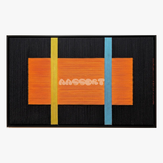 Two Positions, framed textile wall art with an orange rectangle crossed by yellow and blue vertical lines.