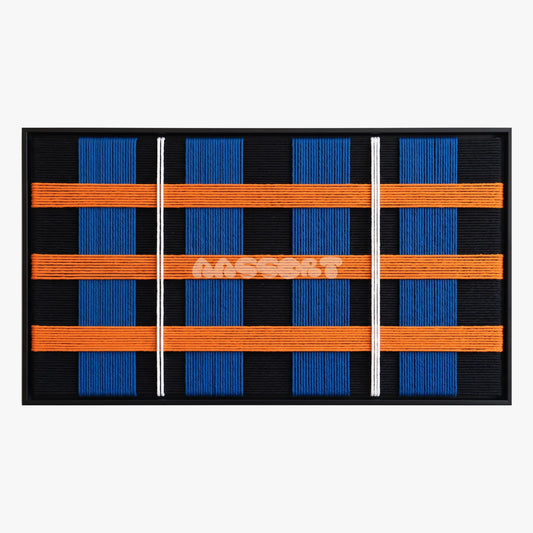 Garden Nights, framed textile wall art with blue columns crossed by orange bars and thin white lines.