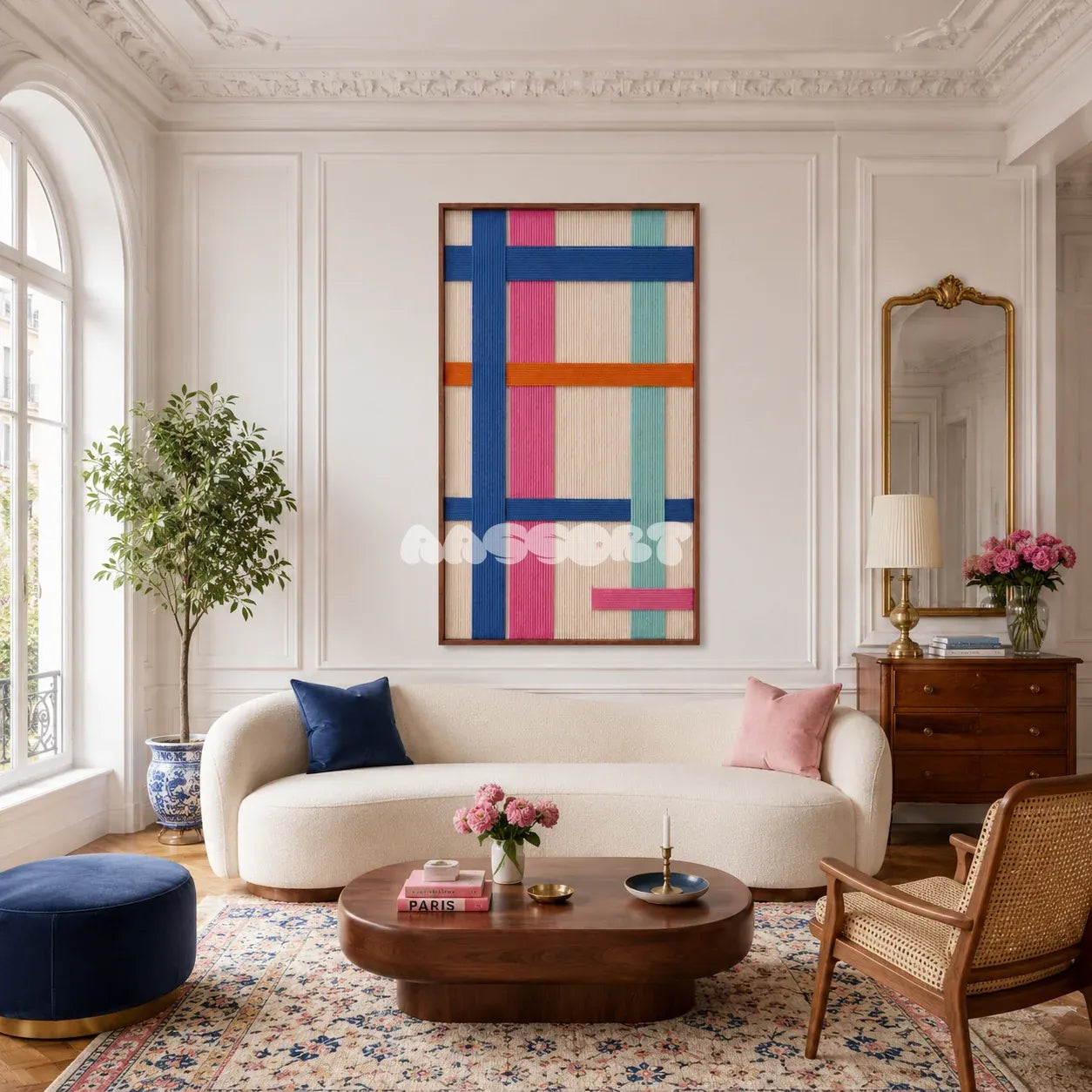 San Diego Coast colorful geometric textile wall art displayed in a serene coastal-modern interior.