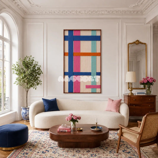San Diego Coast colorful geometric textile wall art displayed in a serene coastal-modern interior.