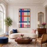 San Diego Coast colorful geometric textile wall art displayed in a serene coastal-modern interior.