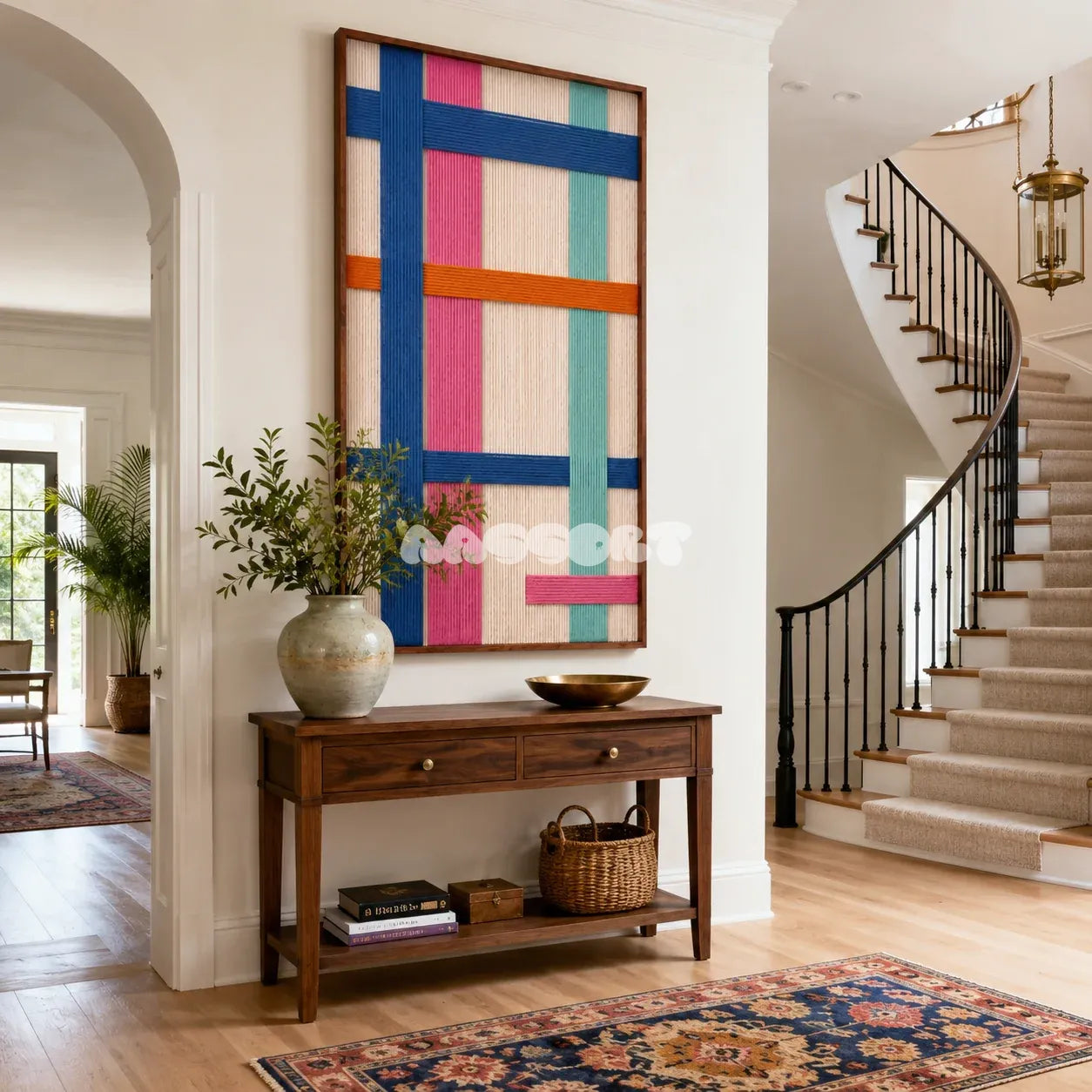 Framed San Diego Coast woven wall hanging with deep blue, hot pink, mint, orange, and cream geometry in a refined room.