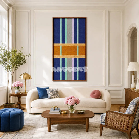 Seattle Night midnight blue and golden yellow textile wall art displayed in a sophisticated urban-modern interior.