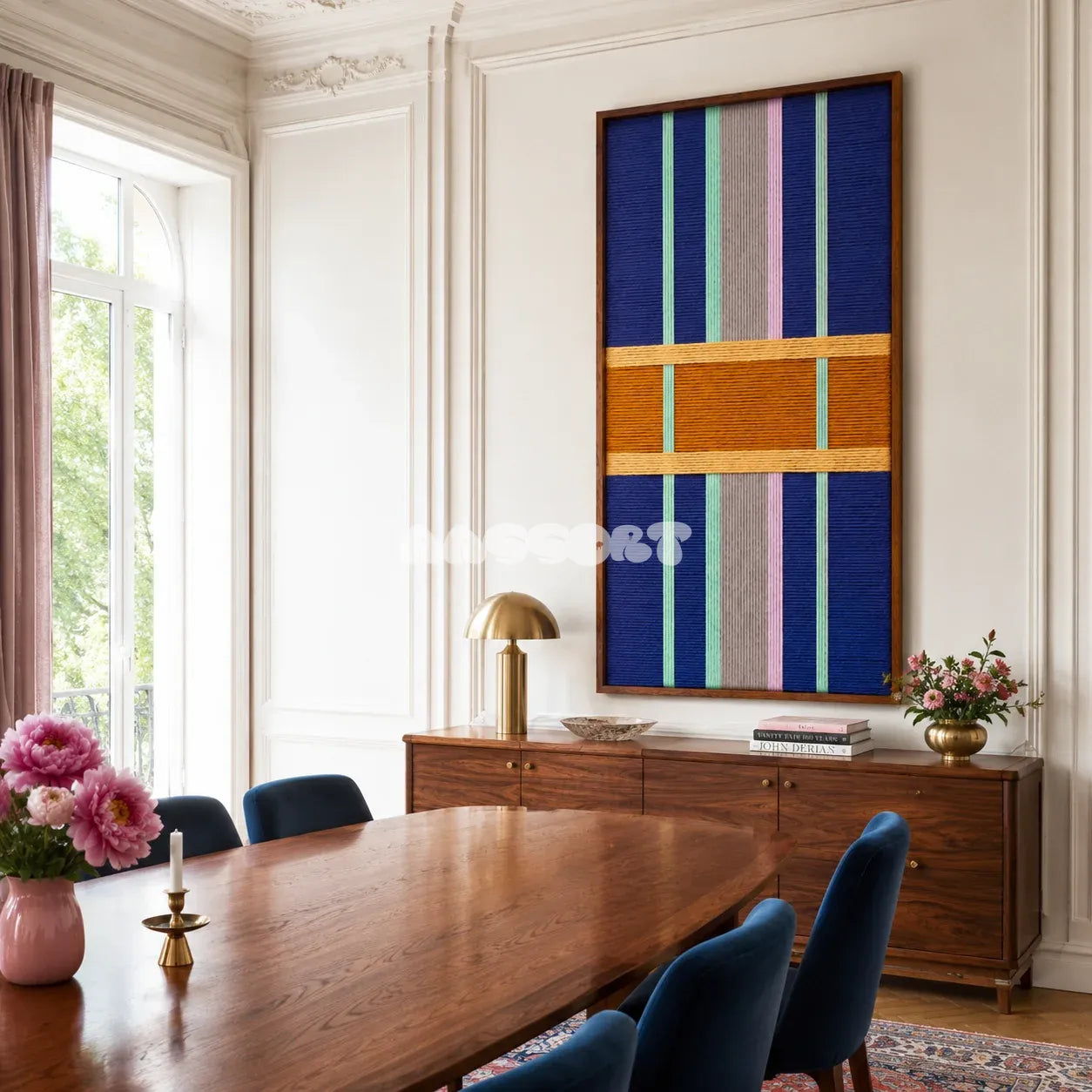 Framed Seattle Night woven wall hanging with midnight blue, gold, mint, lavender, and silver grey geometry in a refined room.