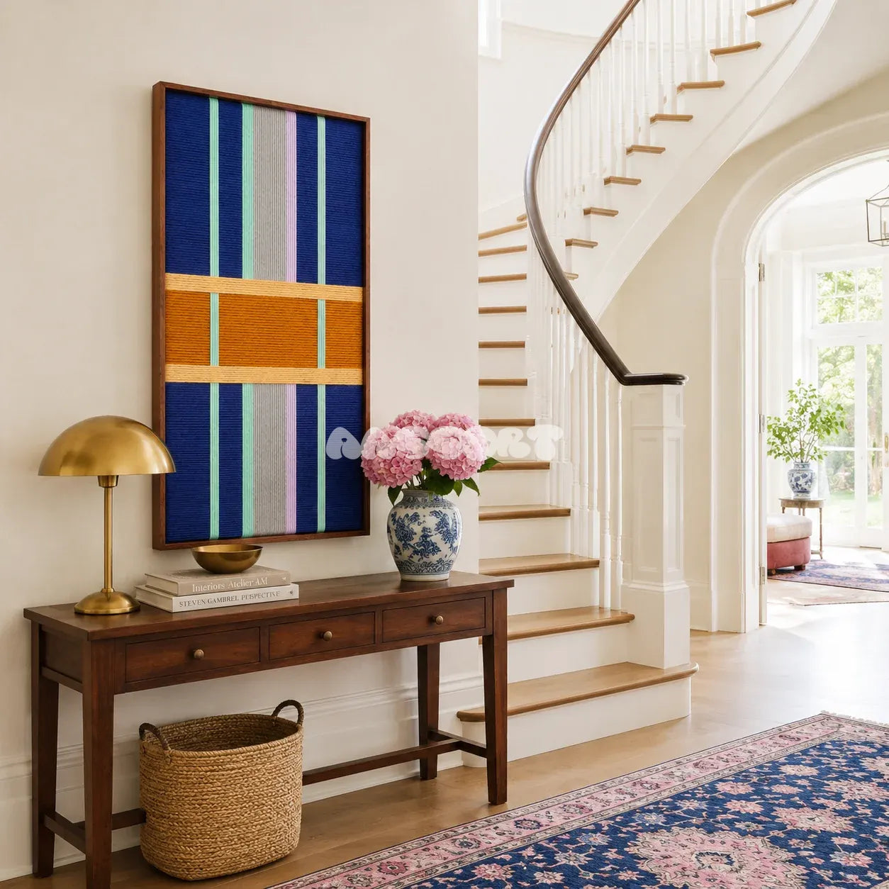 Seattle Night soft cotton cord geometric fiber art displayed in a moody contemporary living space.