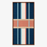 Isolated front view of Pittsburgh Prelude vertical fiber wall art with navy blue, cream, light blue, coral, and peach geometric blocks.