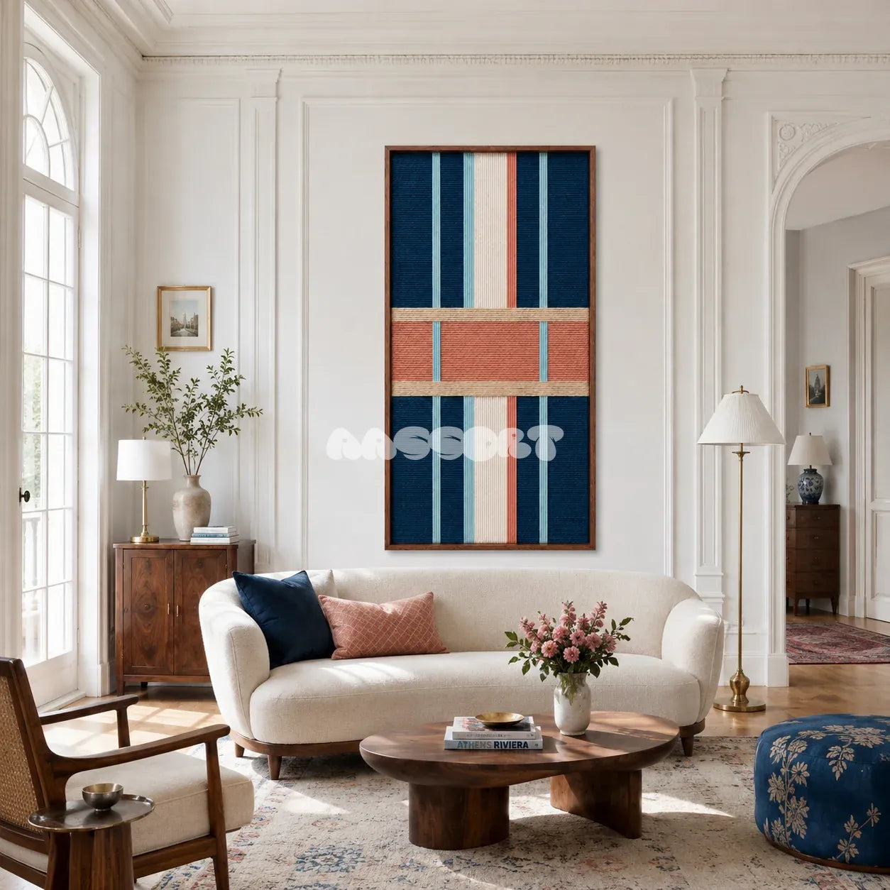 Pittsburgh Prelude navy, peach, and cream textile wall art displayed in a sophisticated modern interior.