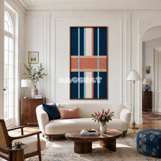 Pittsburgh Prelude navy, peach, and cream textile wall art displayed in a sophisticated modern interior.