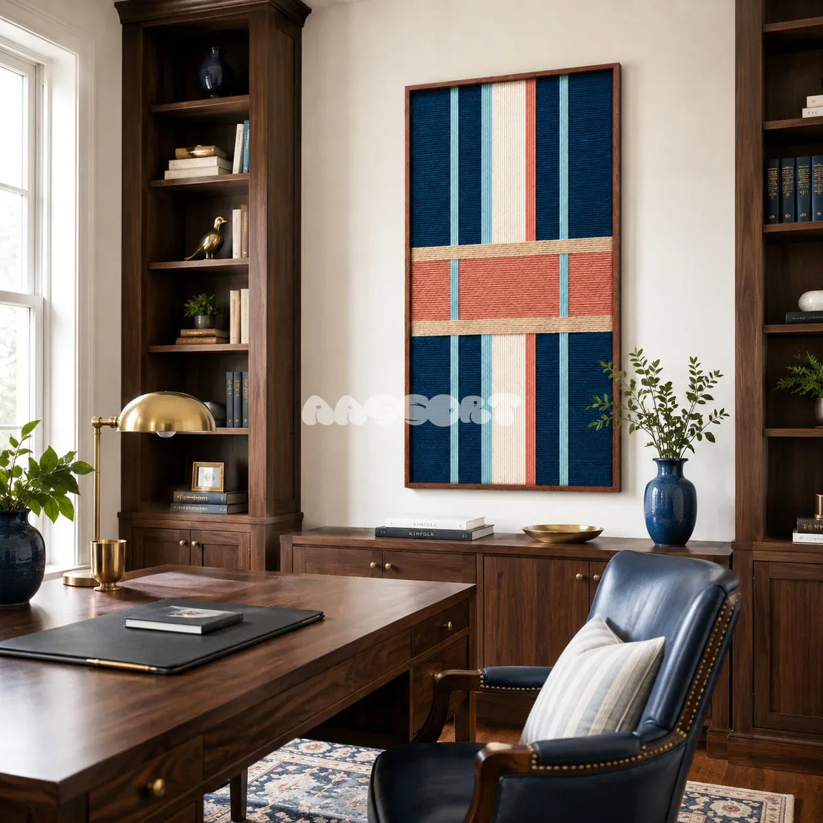 Pittsburgh Prelude tactile yarn wall decor bringing warm urban color and structured rhythm to a modern interior.
