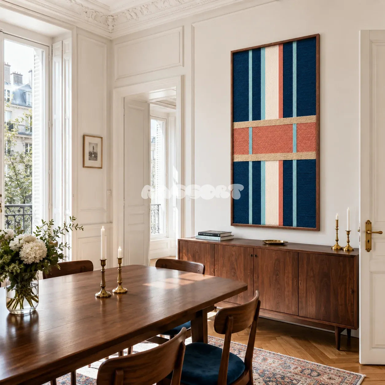 Pittsburgh Prelude soft cotton cord geometric fiber art displayed in an elegant contemporary living space.