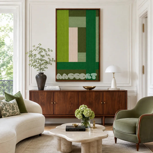 Evergreen Harmony green geometric textile wall art displayed in a calm modern-organic interior.