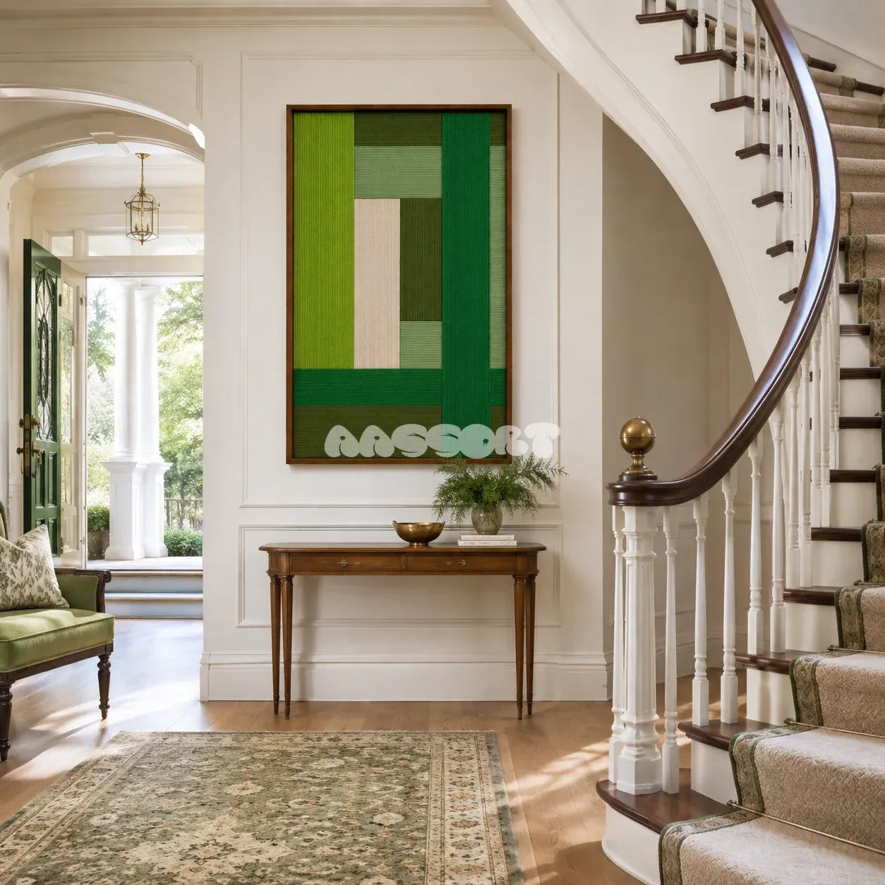 Evergreen Harmony fiber artwork styled as a balanced nature-inspired focal point in a contemporary home.