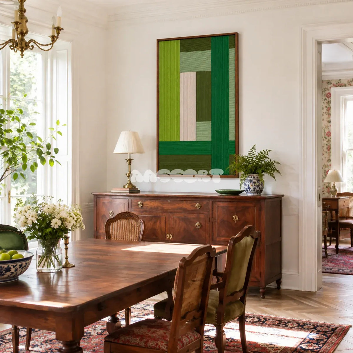 Framed Evergreen Harmony woven wall hanging with forest, moss, emerald, sage, and cream geometry in a refined room.