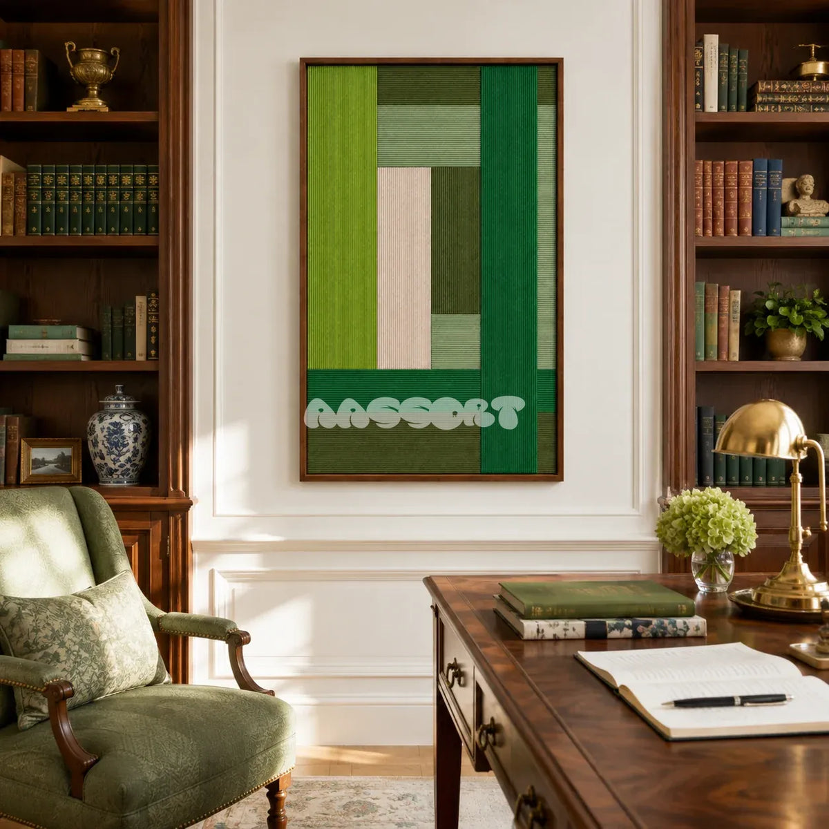 Evergreen Harmony tactile yarn wall decor bringing layered natural greens and architectural rhythm to a modern interior.