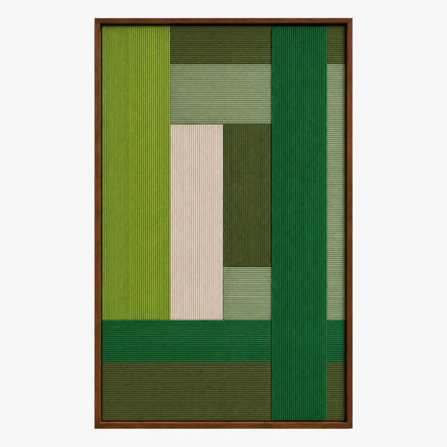 Front studio view of Evergreen Harmony framed fiber wall art with lime, forest green, sage, and cream geometric blocks on a white background.