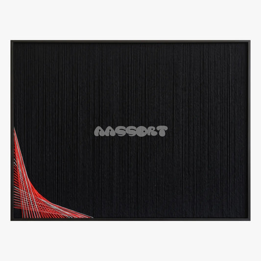 First Motion, framed textile wall art with a red and white curved thread pattern on black.