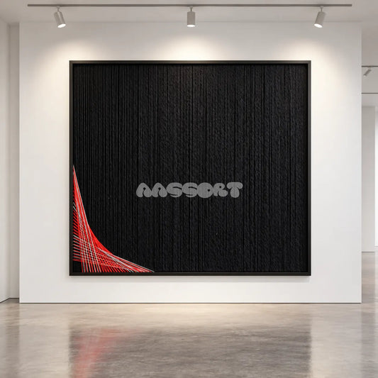 First Motion textile wall art displayed on a gallery wall under spotlights.