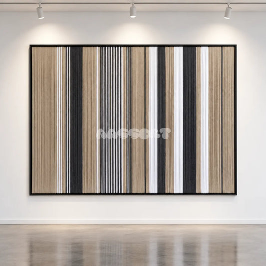 Silent Measure textile wall art displayed on a gallery wall under spotlights.