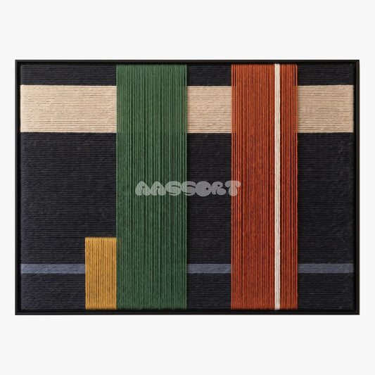 Standing Apart, framed textile wall art with green and rust vertical bands over black with cream and yellow accents.