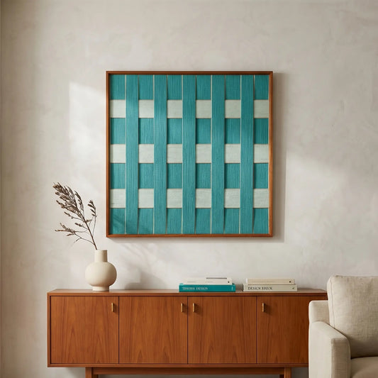 Modern framed fiber art wall hanging featuring a geometric teal pattern styled above a mid-century wooden sideboard in a sunlit room.