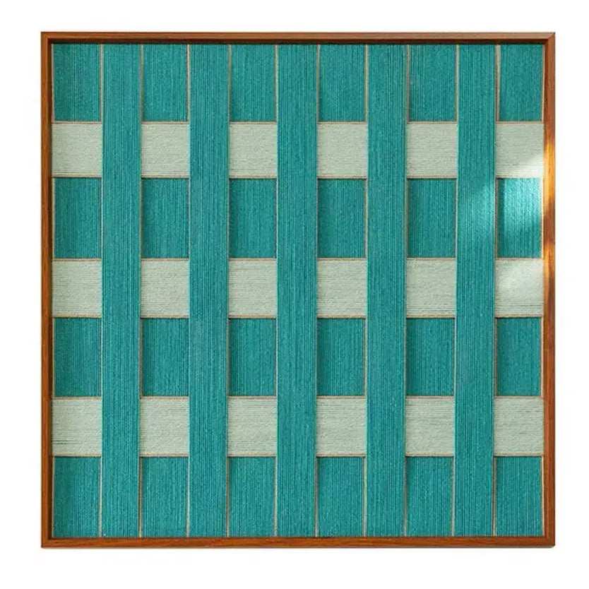 Direct front view of Reef Echoes soft cotton cord fiber artwork showcasing the intricate teal fiber textures and high-quality wooden frame.