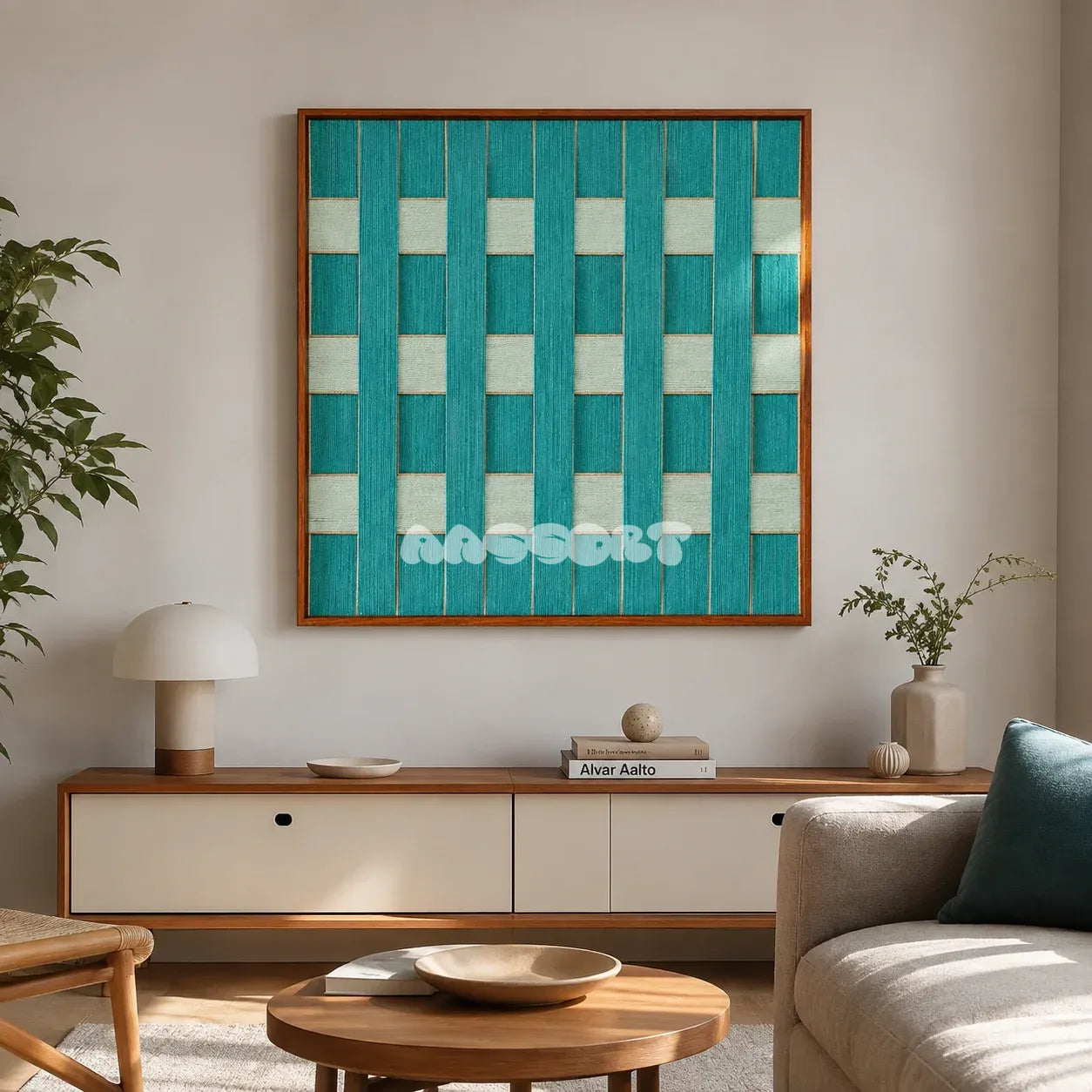 Reef Echoes teal and seafoam textile wall art styled above a low cabinet in a sunlit modern living room.