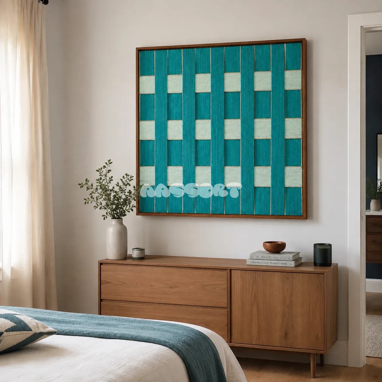 Reef Echoes teal and seafoam textile wall art displayed above a wood dresser in a bright coastal-style bedroom.