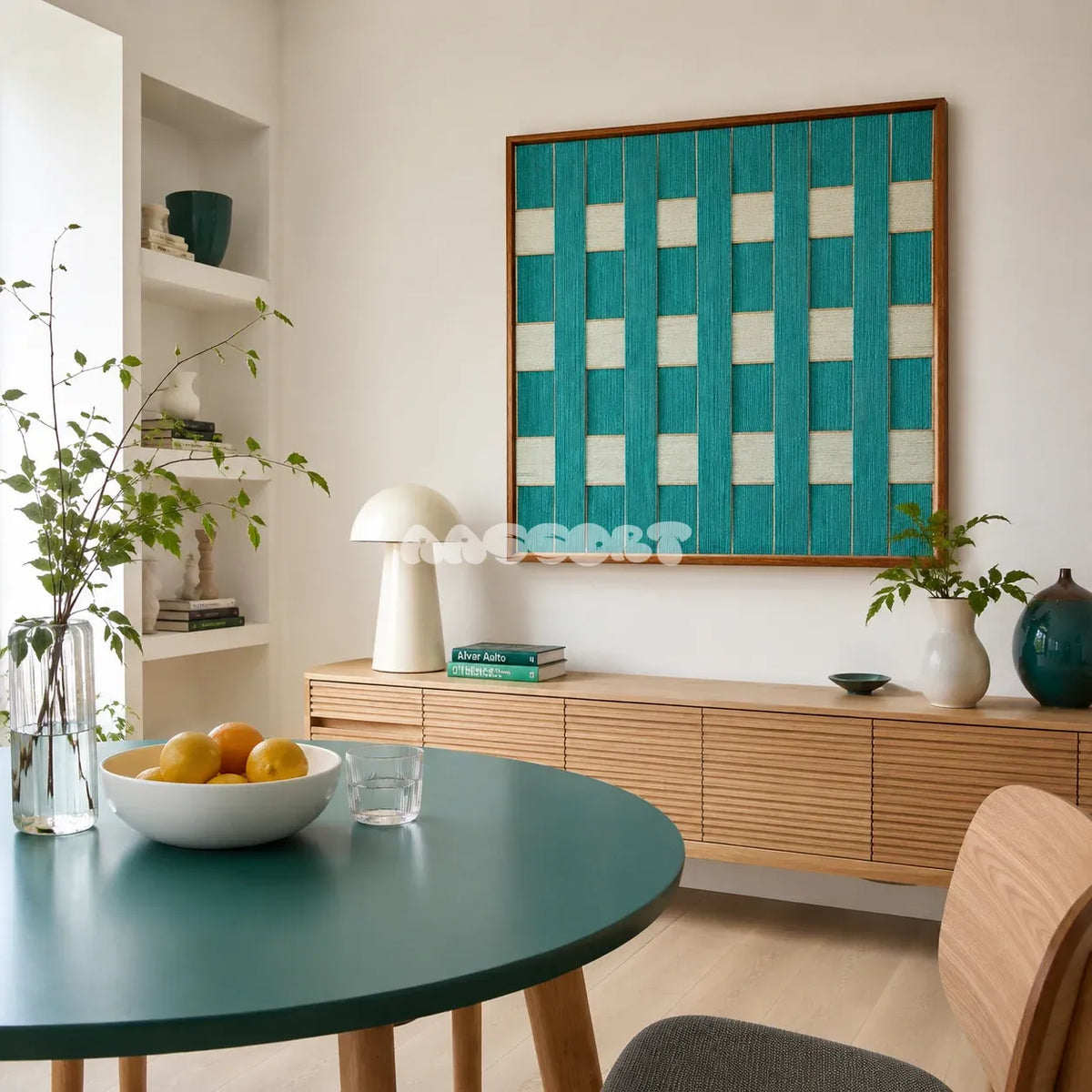Reef Echoes teal and seafoam textile wall art featured above a light wood sideboard in a fresh modern dining room.