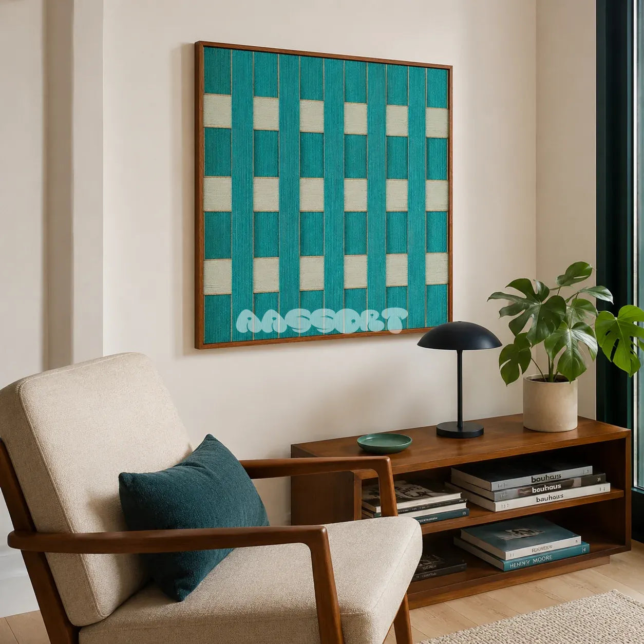 Reef Echoes teal and seafoam textile wall art displayed above a walnut bookcase in a relaxed modern reading corner.