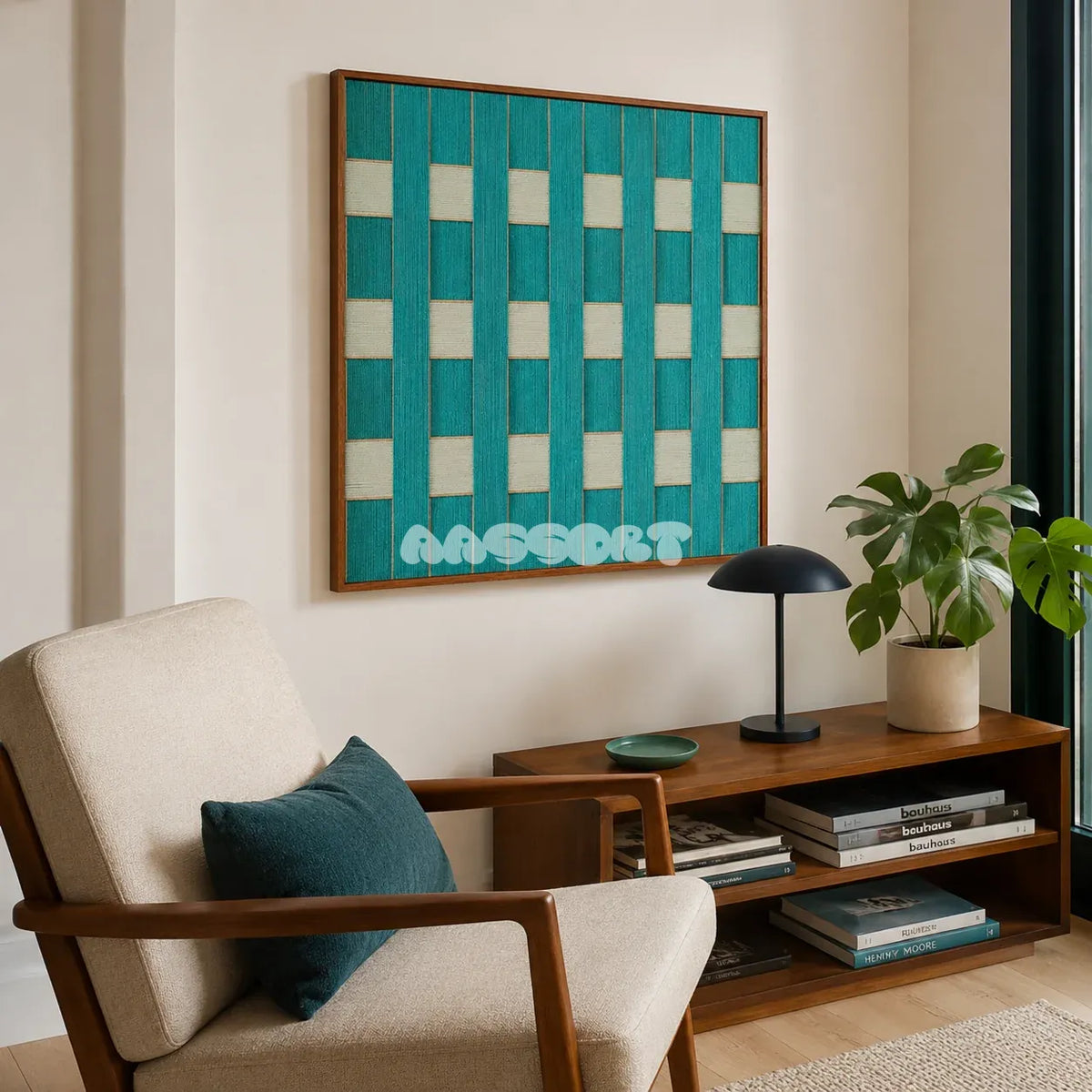 Reef Echoes teal and seafoam textile wall art displayed above a walnut bookcase in a relaxed modern reading corner.