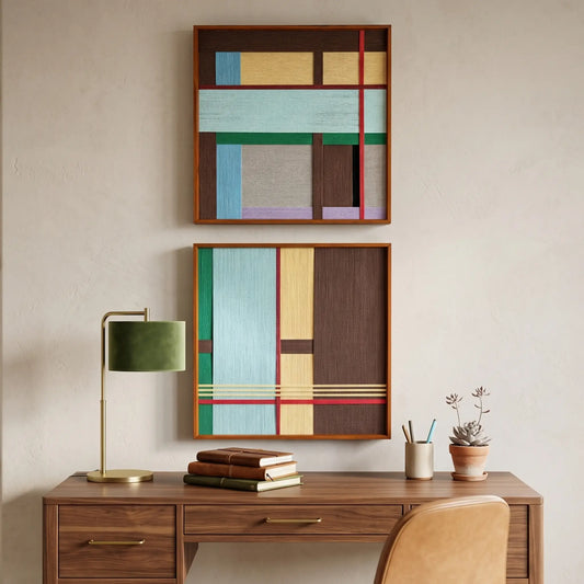 Two stacked hand-woven wool wall art pieces with geometric color blocks displayed above a walnut desk with a green velvet lamp.