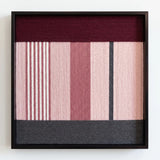 Direct front view of Rosy Pulse framed textile wall art showcasing dusty rose and white vertical stripes, a burgundy top band, and charcoal base.