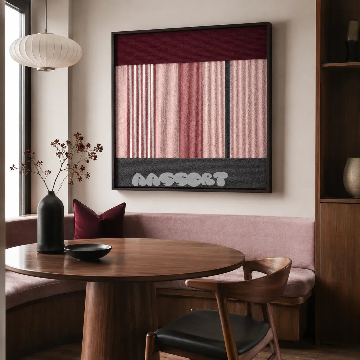 Rosy Pulse dusty rose burgundy and charcoal textile wall art displayed above a blush banquette in a warm modern dining nook.