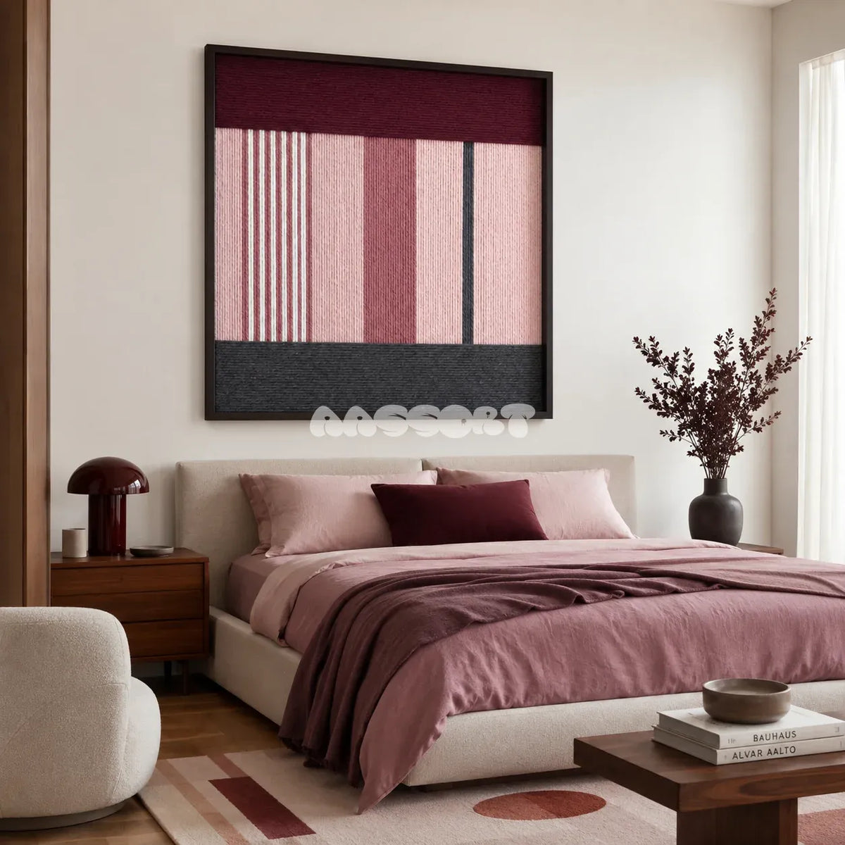 Rosy Pulse dusty rose burgundy and charcoal textile wall art featured above a bed in a soft pink contemporary bedroom.