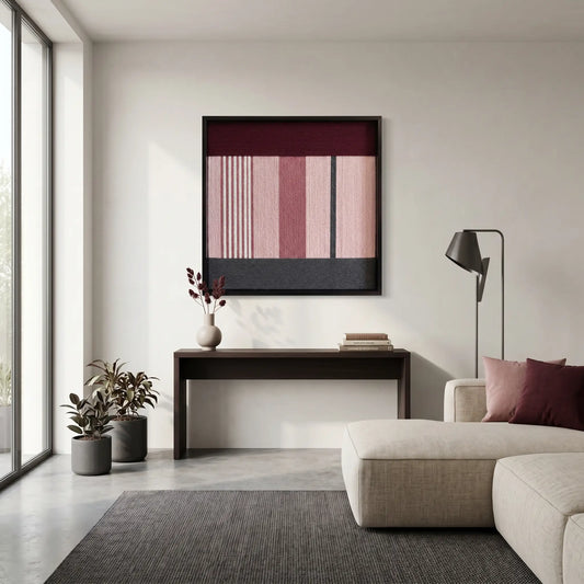 Wide interior shot of a contemporary living room styled with the Rosy Pulse hand-woven wool wall art as a focal point.